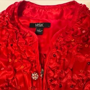 MSK Vibrant Red Sequin Ruched Zipper Front Jacket Size L GUC